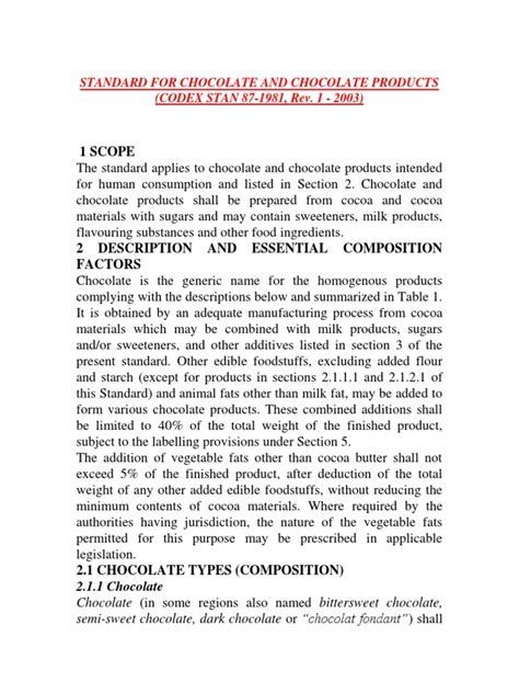 STANDARD FOR CHOCOLATE AND CHOCOLATE PRODUCTS (CODEX STAN 87.